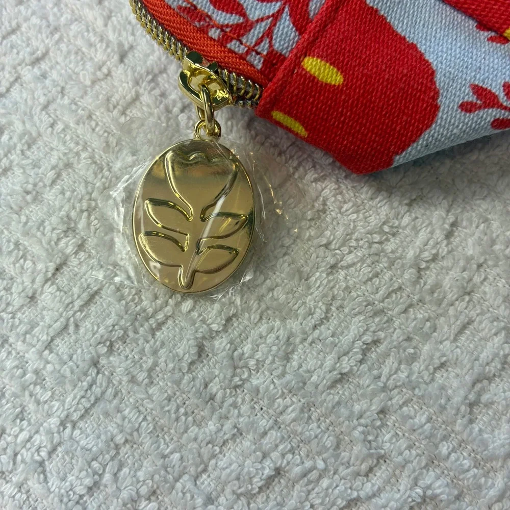 Estee Lauder Red Floral Recycled Canvas Makeup Bag Gold Flower Charm Pouch